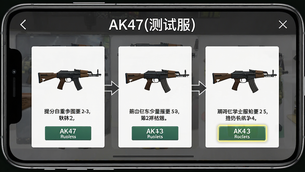 一张AK47(测试服)新手操作指引图,画面为手机屏幕截图风格,展示应用内的引导页面,顶部标注“AK47(测试服)”,布局为分步图示,风格简洁直观,细节包含箭头指示、文字说明与按钮高亮,画质清晰,干净,无多余元素