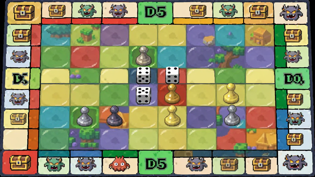 DQ5双六场游戏画面,画面中是一个彩色棋盘地图,有骰子和棋子,周围有各种事件格子图标,布局为俯视视角棋盘占据画面主体,风格为日式RPG像素风,细节包括格子上的宝箱和怪物图标,画质清晰干净,无多余元素