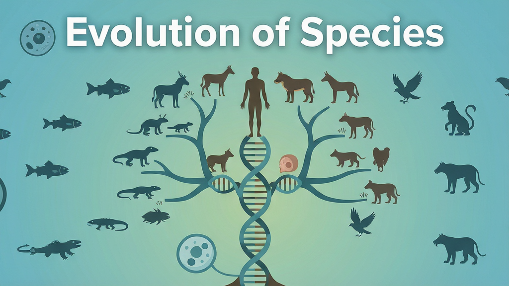 一幅以生物进化树为核心概念的竖版游戏宣传图,画面中央是一棵从底部单细胞向顶部人类与多种动物分支延伸的进化树,树干由DNA双螺旋结构构成,背景是柔和的渐变蓝绿色调,四周散布着细胞、鱼类、爬行类、鸟类和哺乳类的剪影图标,画面上方用白色粗体字写着“Evolution of Species”,整体风格为扁平化科普插画,细节干净,画质清晰,无多余装饰元素