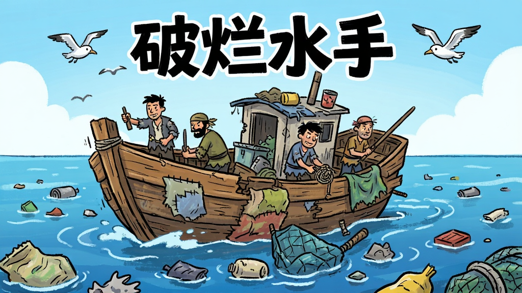 画面中央是一艘由木板和废弃物拼凑而成的破旧小船,船上有几位身穿破烂衣服的水手正在忙碌,背景是蔚蓝大海与漂浮的垃圾碎片,天空有海鸥飞过,整体风格为卡通手绘,色彩明快,构图饱满,细节丰富,画质清晰干净,画面中带有“破烂水手”文字标题,无多余元素
