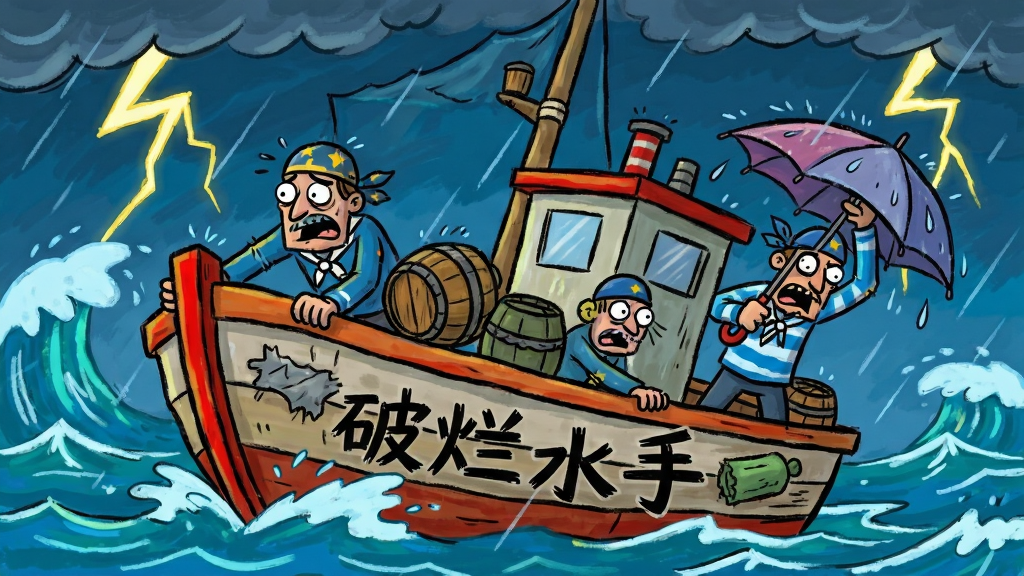 一艘由垃圾拼凑的小船在暴风雨中颠簸,海浪翻涌,闪电划破天空,水手们惊慌失措地抓着船舷,有人抱着木桶,有人试图用伞挡雨,画面风格为卡通手绘,色彩对比强烈,氛围紧张又滑稽,画质清晰,画面中带有“破烂水手”文字,干净无多余元素