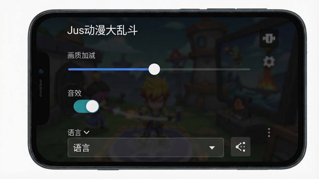 一张手机屏幕显示游戏设置界面,画面中有画质调节滑块、音效开关按钮、语言选择下拉框,界面顶部有