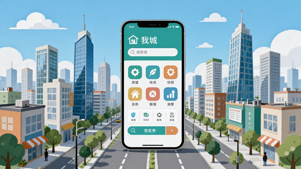 画一座现代化城市全景,高楼大厦与绿树街道交错,天空中飘着几朵白云,画面中央放置一部智能手机,手机屏幕上显示
