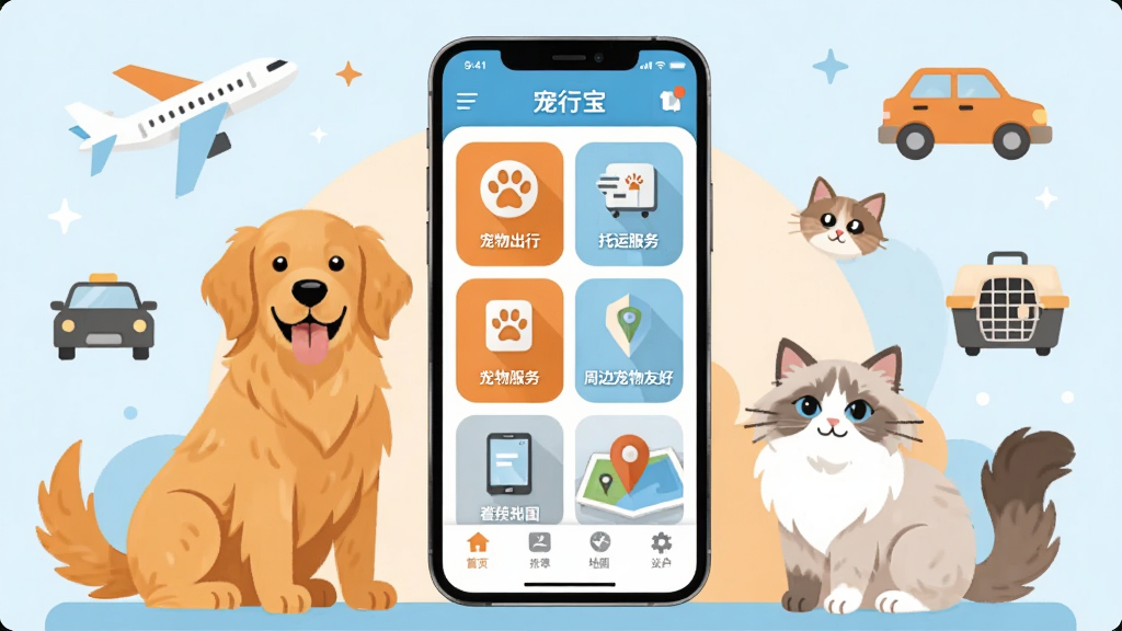 画面中央是一部智能手机,屏幕上显示着宠行宝APP的首页界面,界面中有宠物出行、托运服务、周边宠物友好地图等图标模块。手机周围环绕着可爱的宠物元素,如一只金毛犬和一只布偶猫,以及飞机、汽车、宠物箱等出行相关图标。整体布局采用居中构图,风格为现代扁平化插画风,色调温暖明亮,以橙色和浅蓝色为主。细节上突出手机屏幕的UI设计,图标清晰可见。画质高清,画面干净整洁,无多余元素。