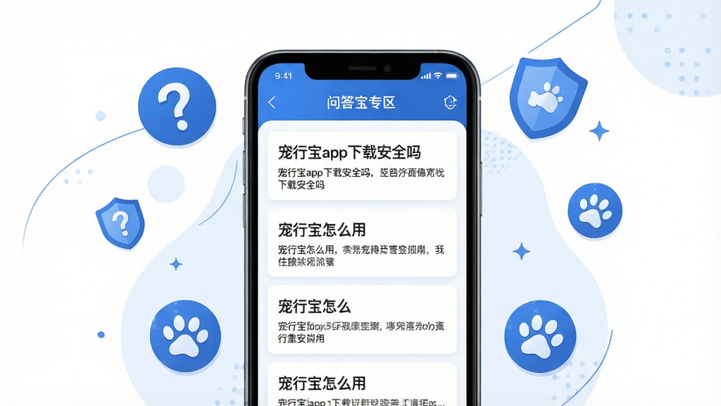 画面展示宠行宝APP的问答专区界面,手机屏幕中央显示着“宠行宝app下载安全吗”“宠行宝怎么用”等问答条目,每个问题下方有简短的回答摘要。手机周围漂浮着问号图标、盾牌图标和宠物爪印图标,象征安全与解答。布局采用中心构图,手机居中,图标环绕。风格为现代扁平化插画,色调以蓝色和白色为主,体现专业与信赖。细节上突出问答界面和图标元素。画质高清,画面干净,无多余元素。