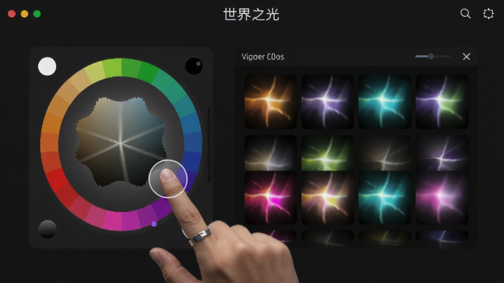 世界之光个性化设置界面,展示调色盘与光效预览窗口,画面中有不同颜色的光效样本,用户手指正在点击选择,界面布局清晰,风格现代简约,画质高清,无多余元素。