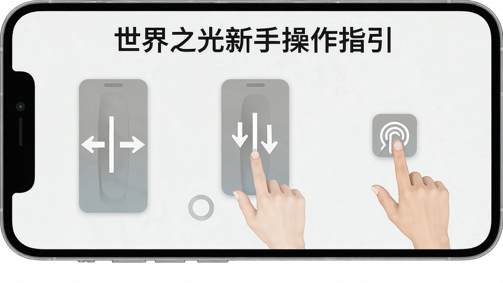 世界之光新手操作指引图,画面展示手机屏幕上的操作手势示意图,包括左右滑动、上下滑动、点击设置等图标,背景为浅色,风格简洁明了,排版清晰,画质高清,无多余元素。