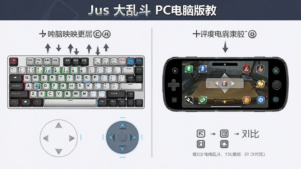 Jus动漫大乱斗PC电脑版新手教学界面,画面展示键盘按键映射图与虚拟摇杆对比,布局左侧为电脑键盘示意图右侧为手机触屏示意图,排版左右对照清晰,风格为教程说明风,细节包含按键标注、箭头指示、文字说明框,画质清晰干净,无多余元素