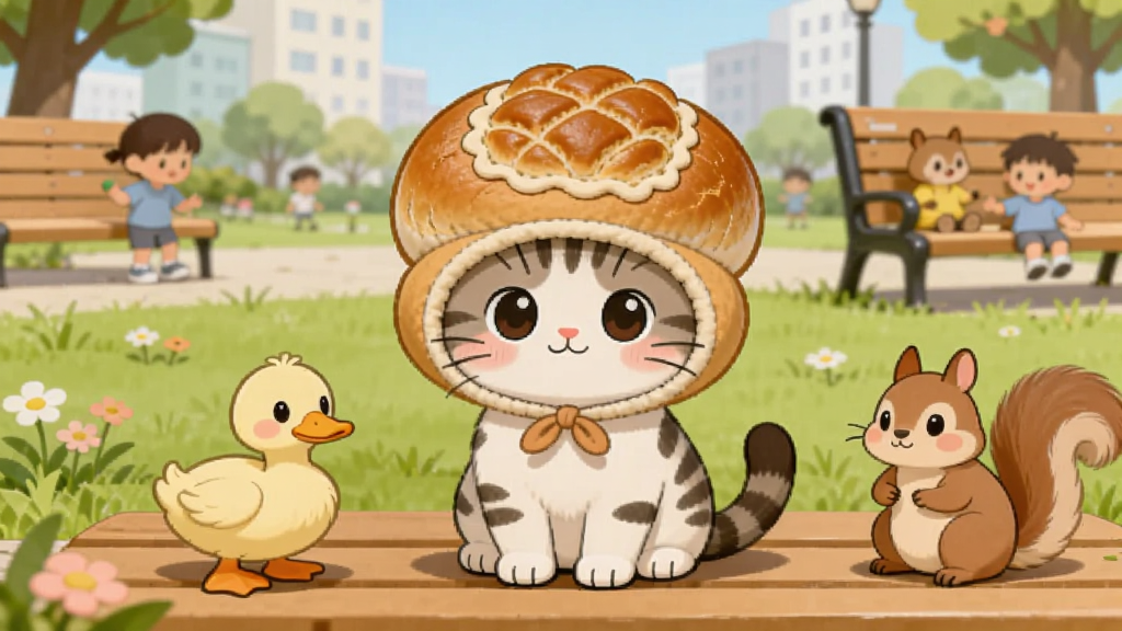 一只戴着可爱面包帽的小猫坐在公园长椅上,旁边有一只小鸭子和一只松鼠,背景是城市公园的绿地和长椅,画面采用平视角度,主体猫咪居中,左右两侧分布小动物,卡通治愈风格,细节包括帽子上的面包纹理、草地上的小花、远处玩耍的儿童,画质柔和温馨,干净无多余元素