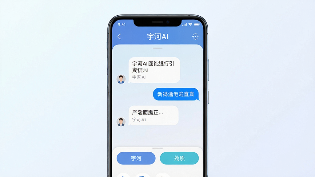 一张展示宇河AI手机应用界面的写实风格图片,画面中央是一部竖屏安卓手机,屏幕内显示宇河AI的对话主界面,顶部有软件名称“宇河AI”字样,中部为聊天气泡与功能按钮,背景为简洁的浅色渐变,整体布局干净有序,风格现代科技感,细节清晰,画质明亮,无多余元素