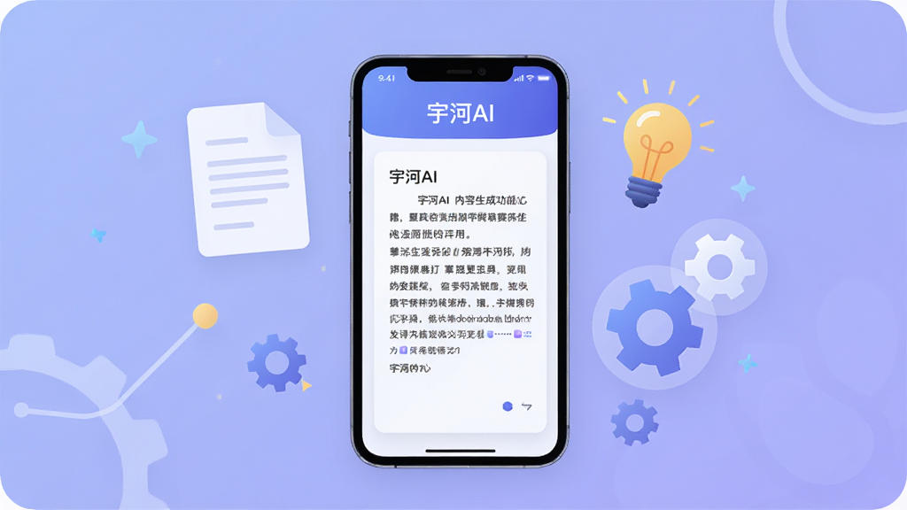 一张展示宇河AI内容生成功能的场景图,画面中手机屏幕显示“宇河AI”正在生成一段文章草稿,屏幕旁边漂浮着文档、灯泡、齿轮等抽象图标,象征创意与效率,背景为柔和的蓝紫色调,排版简洁,风格扁平化科技感,细节丰富,画质清晰,干净无杂乱