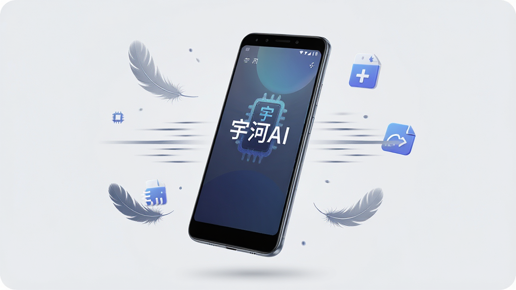 一张展示宇河AI轻量运行特性的图片,画面为一部安卓手机悬浮在浅灰色背景中,手机周围有羽毛、速度线、存储图标等元素,象征轻巧与流畅,屏幕内显示“宇河AI”主界面,整体风格简约清爽,排版居中,细节精致,画质干净,无多余装饰