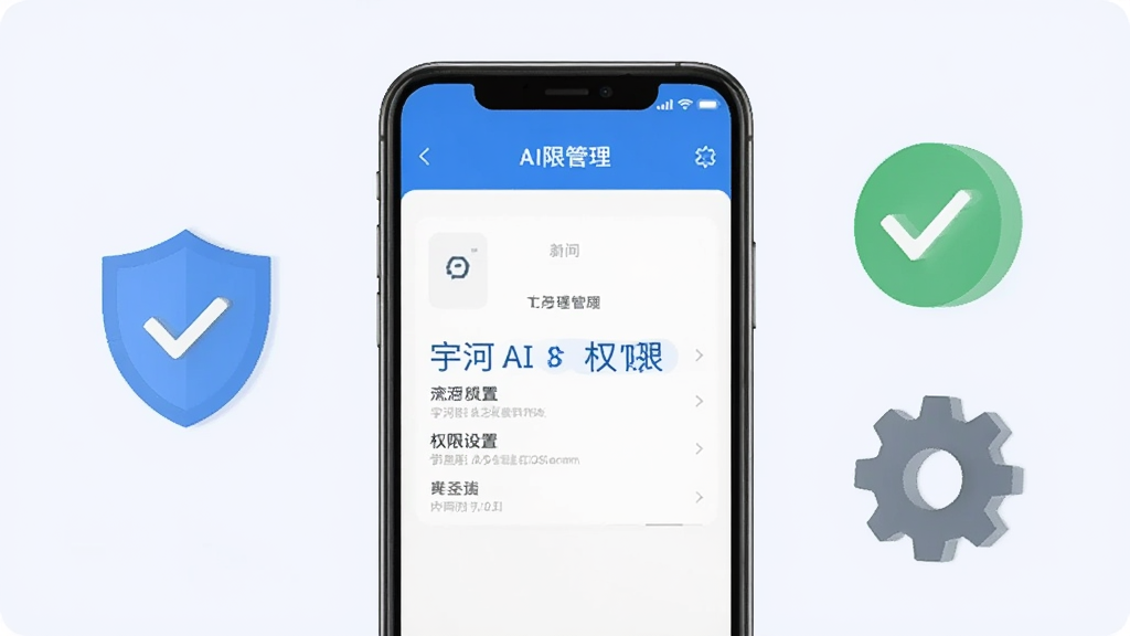 一张展示宇河AI安装与权限设置的示意图片,画面中手机屏幕显示应用权限管理页面,旁边有盾牌、对勾、齿轮等图标,背景为浅灰白色,排版整齐,风格简洁商务,细节清晰,画质干净,无多余元素