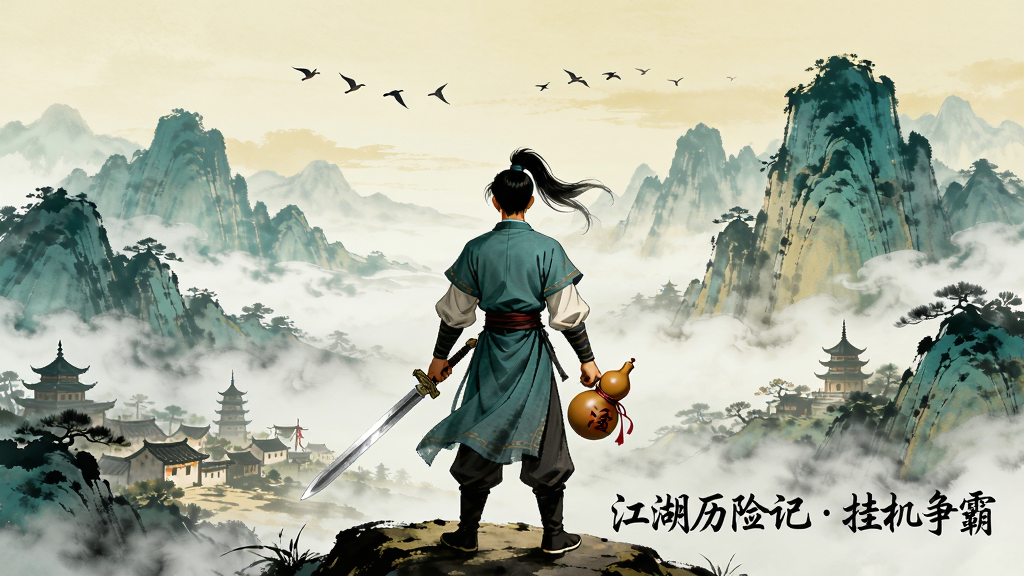 一幅竖版中国风水墨武侠插画,画面中央是一位身着青衫的年轻侠客背对观众站立于山巅,左手持剑右手握酒葫芦,远处层峦叠嶂云雾缭绕,山脚下有村庄与古塔,天空中一行飞鸟掠过,画面右下角用行书字体写着