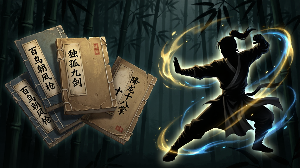 一幅横版武侠武学展示图,画面左侧是一本本悬浮的古朴线装秘籍书册,书封上分别写着