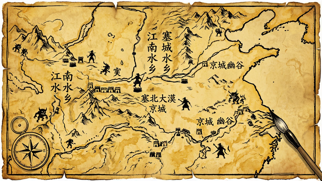 一幅古代中国地图风格的插画,画面以羊皮纸为底,上面用墨线勾勒出山脉河流与城池关隘,标注有