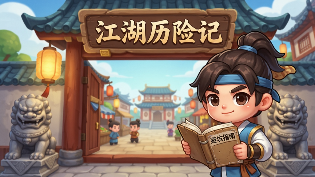 一位新手侠客站在江湖历险记 挂机争霸的登录界面门前,门匾上写着