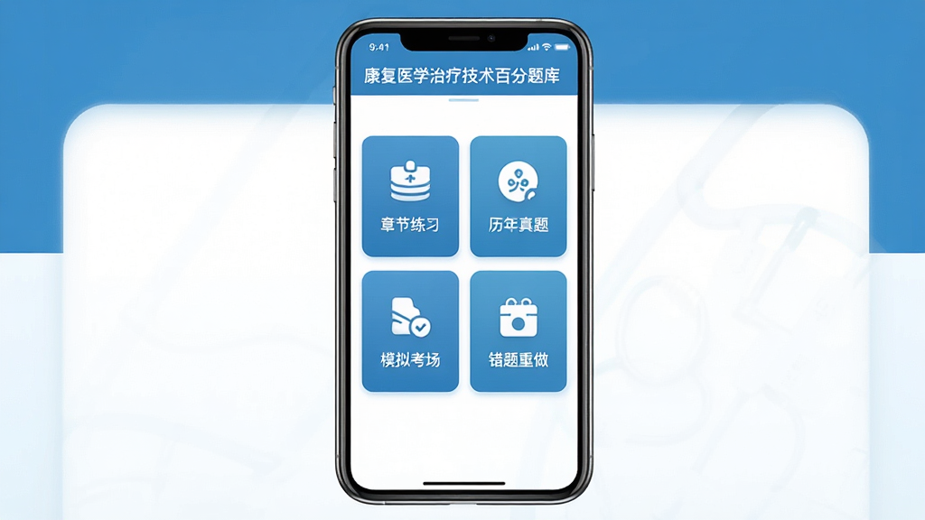康复医学治疗技术百分题库软件主界面截图,画面中央展示手机屏幕,屏幕内为康复医学治疗技术百分题库APP首页,包含章节练习、历年真题、模拟考场、错题重做四大功能入口,背景为简洁医疗蓝白配色,界面干净清爽,无多余元素,画质清晰,主体突出,布局居中,风格写实,细节丰富,排版规整