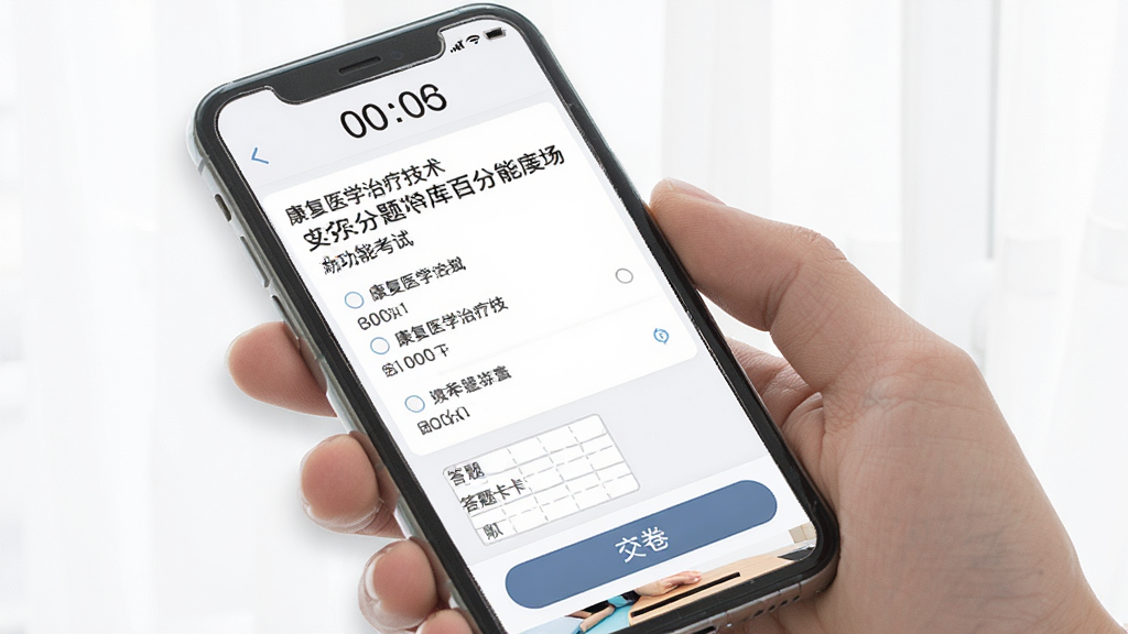 康复医学治疗技术百分题库模拟考场功能展示图,画面为手机屏幕显示模拟考试界面,顶部有倒计时器,中部为考试题目和选项,底部为答题卡和交卷按钮,背景为白色,界面风格清爽素雅,排版清晰,画质干净,无多余装饰元素