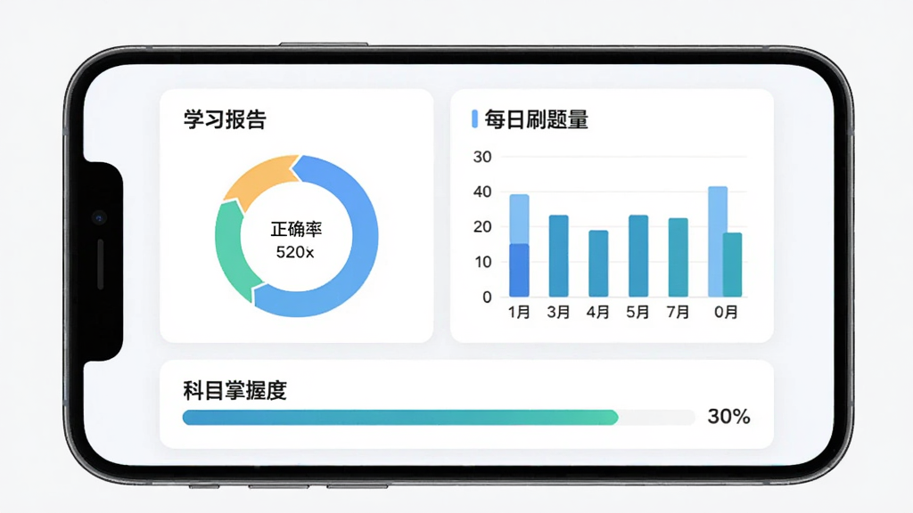 康复医学治疗技术百分题库学习数据统计界面展示图,画面为手机屏幕内展示学习报告页面,包含正确率环形图、每日刷题量柱状图、科目掌握度进度条,背景为白色卡片式布局,风格清新浅色,排版规整,画质清晰,无多余元素