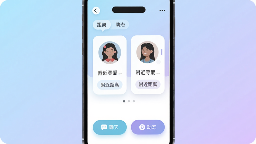 整体画面以手机屏幕为主体,居中展示附近寻爱软件的交友匹配界面,屏幕内呈现用户头像卡片与附近距离标签,底部有聊天与动态按钮。背景使用浅蓝到浅紫的柔和渐变,风格为现代扁平化UI展示风格,细节包括清晰的图标、圆角卡片、简洁排版,画质高清,干净,无多余元素。