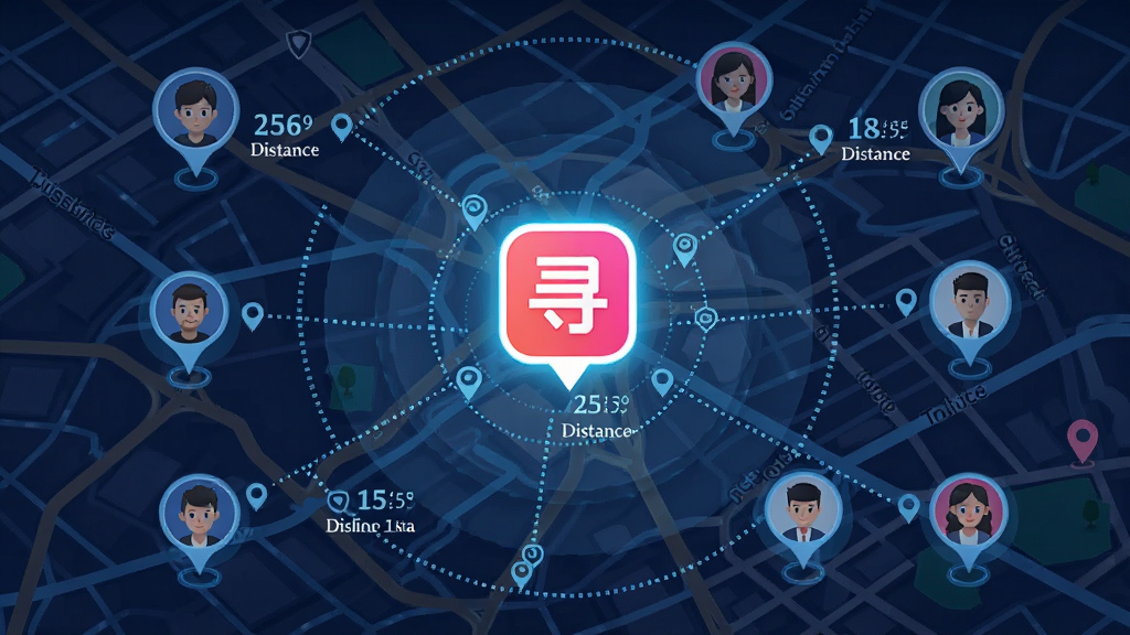 画面以城市地图为背景,地图上散布多个用户头像标记,中心位置高亮显示附近寻爱软件图标,周围用虚线连接不同距离圈层,风格为科技感插画风格,细节包括街道线条、定位图标、距离数字标签,画质高清,干净,无多余元素。