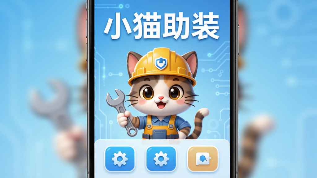 软件主界面展示图,画面中央放置一只卡通风格的小猫吉祥物,小猫戴着工程师安全帽,手持扳手,背景为浅蓝色渐变科技风格,上方用白色大字标注“小猫助装”,下方排列三个功能图标按钮,整体布局为竖版手机屏幕比例,风格简洁明快,细节精致,画质清晰,干净无多余元素