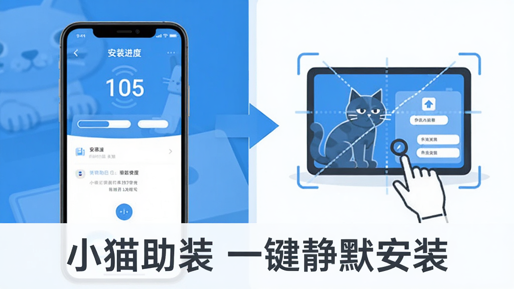 小猫助装功能展示图,画面分为左右两部分,左侧展示手机屏幕上的安装进度界面,右侧展示自动识别设备信息的示意图,中间用箭头连接,底部用深灰色文字标注“小猫助装 一键静默安装”,整体采用扁平化设计风格,配色以蓝白为主,细节清晰,画质干净,无多余装饰元素