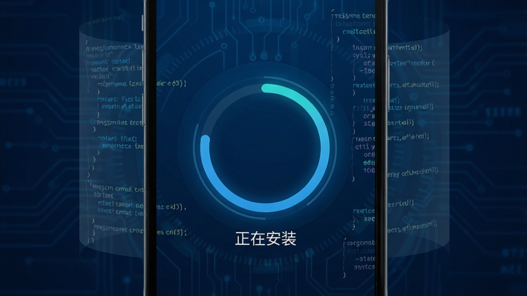 手机屏幕显示小猫助装安装进度界面,画面中央为圆形进度条,进度条下方显示“正在安装”文字,背景为深蓝色科技风格,四周环绕半透明的代码数据流,整体布局简洁聚焦,风格现代科技感,细节清晰,画质干净,无多余元素