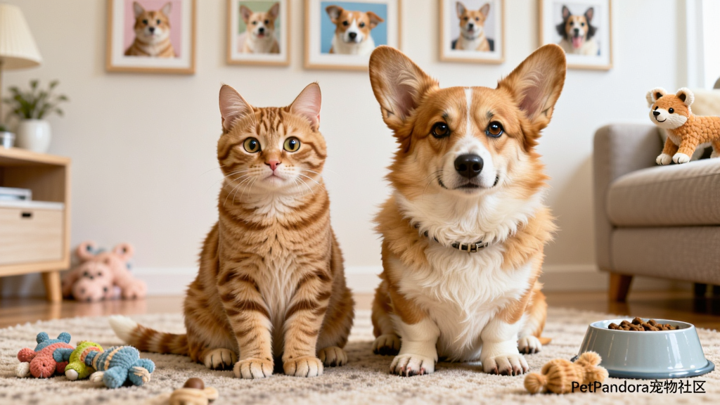 一只可爱的橘猫和一只柯基犬并排坐在明亮的客厅地毯上,周围散落着宠物玩具和食盆,背景墙上挂着宠物照片相框,整体布局采用居中构图,画面风格温馨写实,细节上突出宠物毛发质感和眼神光,画质高清干净,无多余元素,画面中带有“PetPandora宠物社区”文字标识