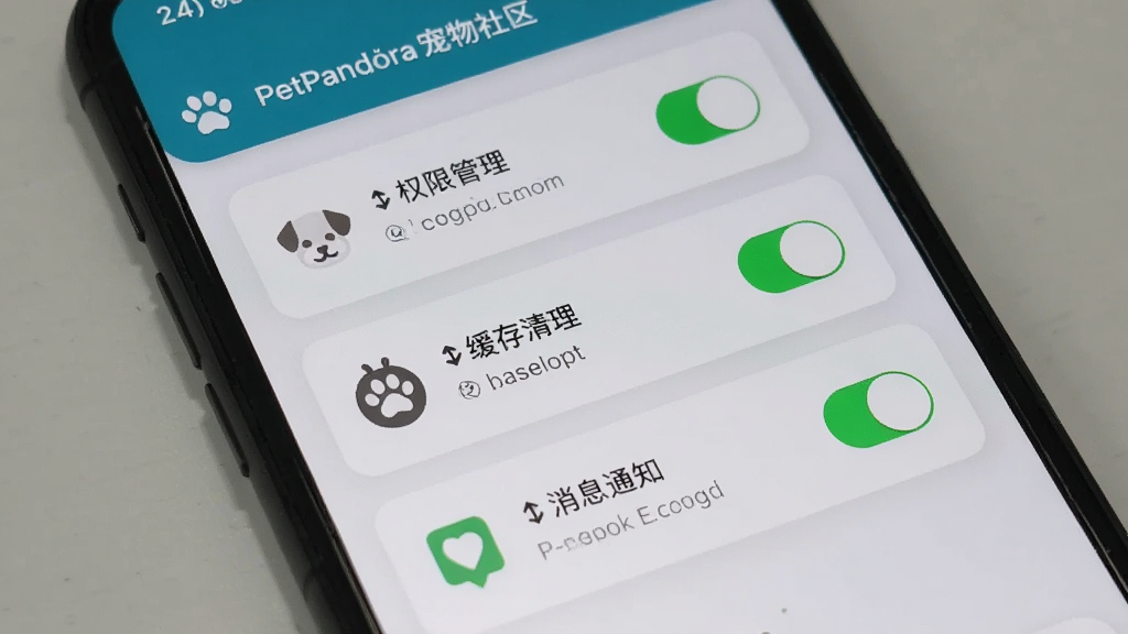 手机屏幕显示PetPandora宠物社区设置界面,包含权限管理、缓存清理、消息通知等选项,界面采用卡片式布局,背景为浅灰色,细节上突出开关按钮和图标,画质清晰干净,无多余元素