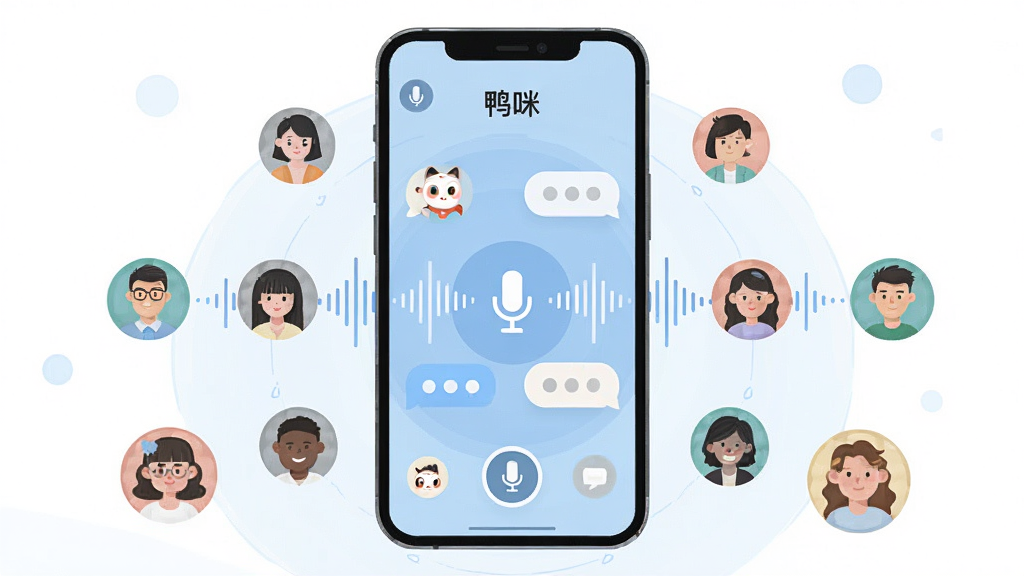 一张展示语音社交应用界面的插画,画面主体是一部智能手机,屏幕中显示着“鸭咪”语音聊天室的界面,有多个用户头像环绕在语音波纹周围,布局简洁明快,风格为现代扁平化设计,细节包括麦克风图标、聊天气泡和动态声波,画质高清,画面干净无多余元素。