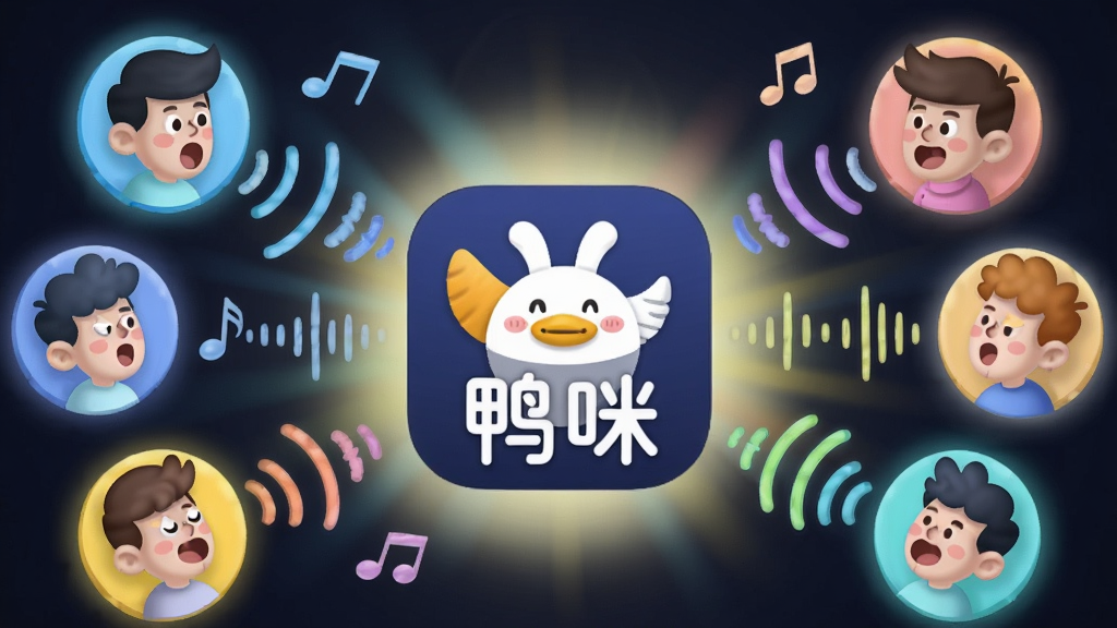 一张表现语音实时传输概念的插画,画面中心是“鸭咪”应用的图标,周围环绕着多个正在发声的卡通人物头像,声波以彩色线条形式连接各个头像,布局呈放射状,风格为活泼的卡通科技风,细节包括音符、声波纹理和柔和的背景光晕,画质清晰,画面干净整洁。