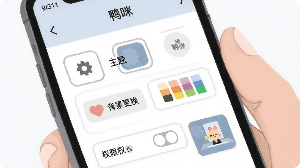 一张描绘用户创建个性化语音房间场景的插画,画面中一只手正在操作手机屏幕,屏幕上显示“鸭咪”房间设置页面,有主题选择、背景更换和权限开关等选项,布局为手机界面特写,风格为简约UI插画风,细节包括齿轮图标、颜色调色板和房间预览小窗,画质高清,画面干净无杂乱元素。