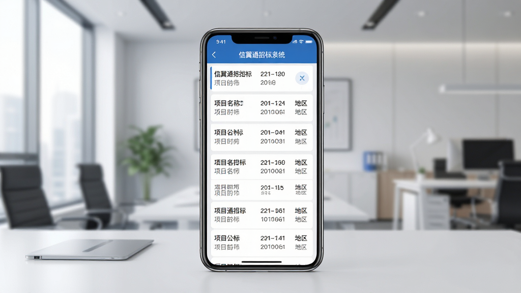 一张展示信翼通招标系统移动端首页的界面截图,画面中央是一部智能手机,屏幕上显示着信翼通招标系统的招标公告列表页,包含项目名称、发布时间、地区等字段,背景为简洁的商务办公环境,风格现代专业,细节丰富,画质清晰,干净无多余元素,图片中不出现任何文字水印,主体突出,布局合理,排版舒适,风格商务科技感,细节精致,画质高清,干净无多余元素