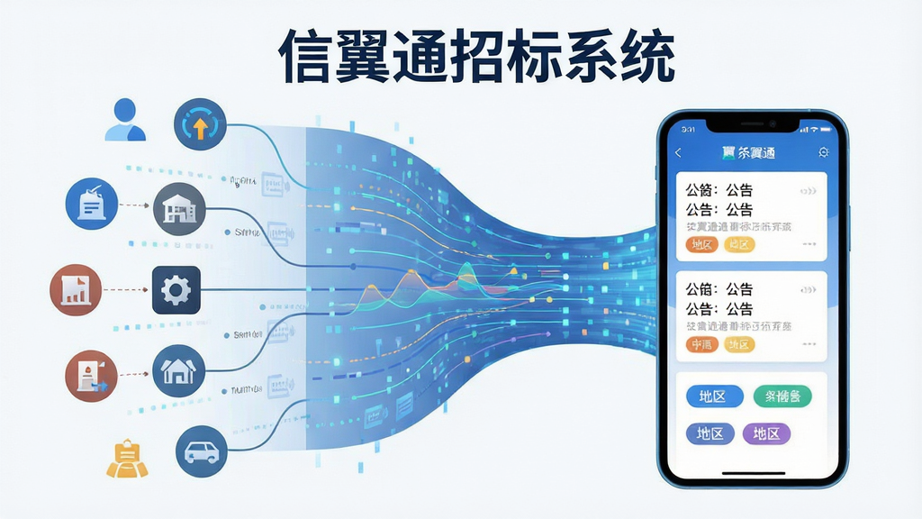 一幅展示信翼通招标系统信息聚合能力的AI生图,画面主体是一个巨大的数字信息流汇聚到手机屏幕中,屏幕上方显示“信翼通招标系统”字样,布局为左侧展示各类行业图标,右侧展示手机界面,风格为扁平化科技风,细节包含数据线条、公告卡片、地区标签,画质高清,干净无多余元素,排版简洁明了