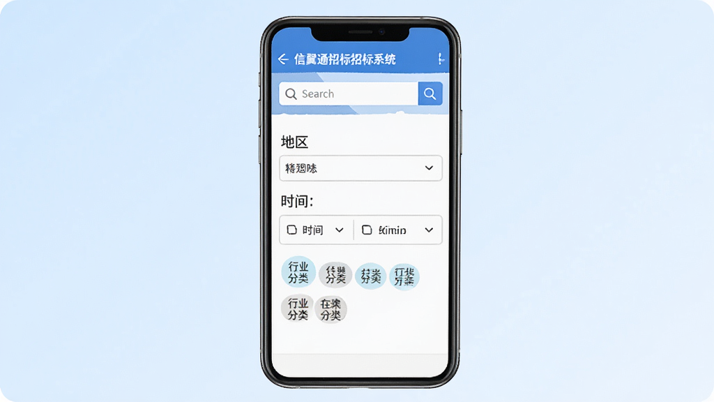 一张展示信翼通招标系统搜索筛选功能的界面示意图,画面中心为手机屏幕,屏幕上显示着搜索框和多个筛选条件选项,如地区下拉菜单、时间选择器、行业分类标签,背景为淡蓝色渐变,风格简洁明快,细节清晰,画质干净,无多余装饰元素