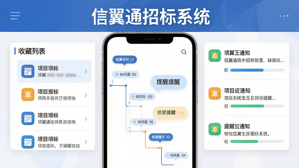 一幅展示信翼通招标系统项目跟踪与提醒功能的AI生图,画面主体为手机屏幕显示项目时间轴和提醒气泡,屏幕上方有“信翼通招标系统”文字,布局为左侧展示收藏列表,右侧展示提醒通知,风格为现代商务扁平风,细节包含日历图标、铃铛图标、进度条,画质高清,干净整洁,排版有序