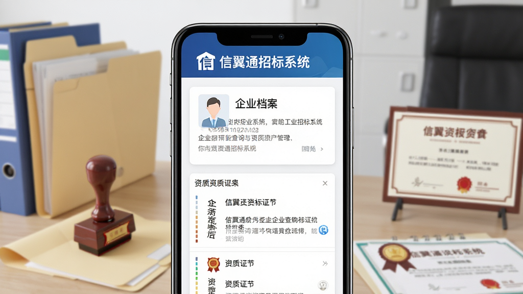 一张展示信翼通招标系统企业信息查询与资质管理界面的生图,手机屏幕显示企业档案卡片和资质证书列表,屏幕上方有“信翼通招标系统”标识,背景为办公室桌面,风格为写实商务风,细节包含文件夹、印章、证书图标,画质清晰,干净无杂乱元素