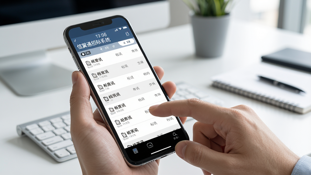 一张展示信翼通招标系统在手机端运行流畅的示意图,画面主体为手持手机操作界面,屏幕显示标讯列表滑动效果,背景为现代办公桌,风格写实,细节包含手指触控动作、时间显示、信号图标,画质清晰,干净无多余元素,图片中不出现任何文字水印