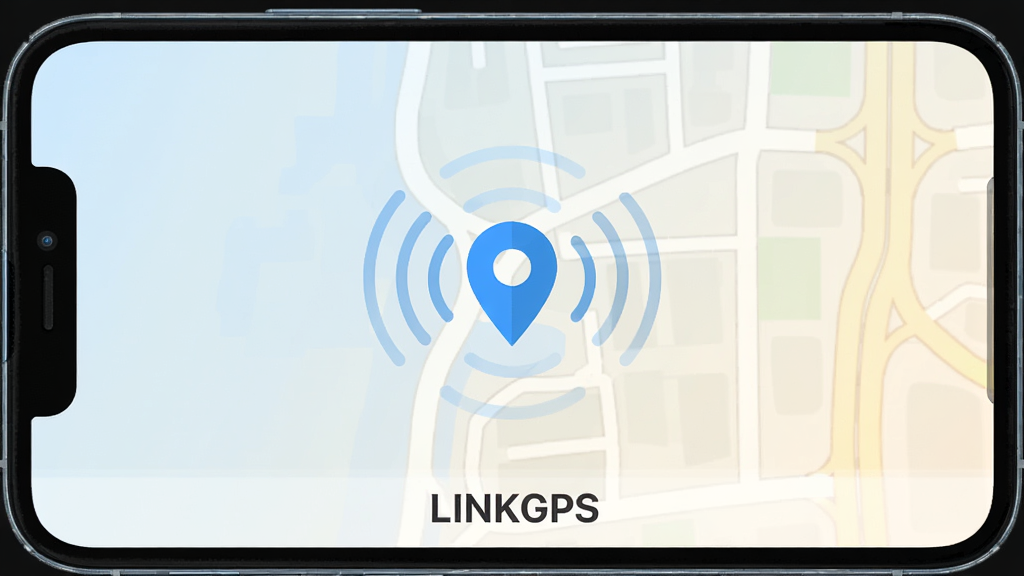 一张展示LINKGPS软件主界面的手机屏幕截图,画面中央是简洁的地图视图,地图上有一个明显的蓝色定位图标,周围有信号波纹扩散效果,界面底部有