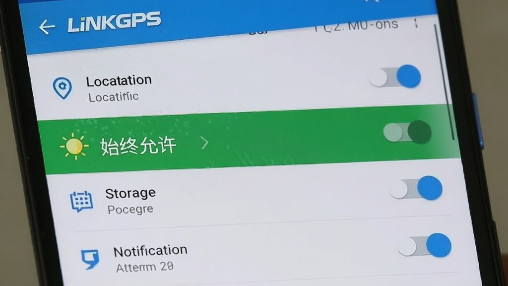 一部安卓手机屏幕显示LINKGPS的权限设置页面,页面中有定位、存储、通知等权限开关,其中定位权限被高亮标注为