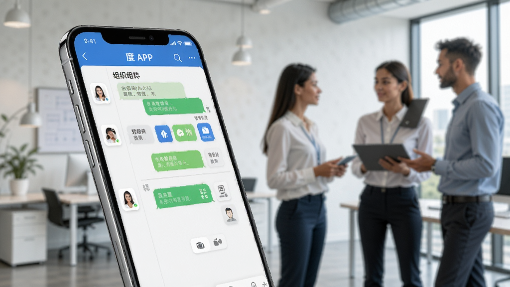 一张展示企业移动办公场景的图片,画面中央放置一部智能手机,手机屏幕显示有度APP的聊天与组织架构界面,背景是简约的现代办公室环境,有几位穿着商务休闲装的员工在讨论工作,整体布局采用横版构图,左侧为手机特写,右侧为虚化的办公场景,风格为写实商务风,细节包括手机边框反光、界面图标清晰、人物动作自然,画质为高清4K,画面干净,无多余杂乱元素,光线明亮柔和。
