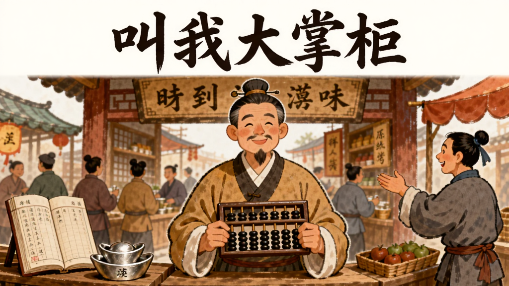 画面中央是一位身穿古代服饰的掌柜站在热闹的街市店铺前,手拿算盘面带微笑,身后是古色古香的商铺招牌和往来顾客,左侧有账本和银两,右侧有伙计在招呼客人,布局采用中心构图,上方留白处写有“叫我大掌柜”五个大字,整体风格为中国风手绘插画,细节丰富,色彩温暖明亮,画质清晰干净,无多余元素