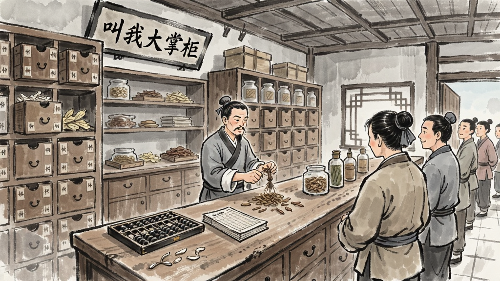 画面展示一间古代药铺内部场景,柜台后站着一位掌柜正在抓药,前方有顾客排队,货架上摆满药材,墙上挂着“叫我大掌柜”的牌匾,布局采用透视视角,风格为中国风水墨淡彩,细节包括药柜抽屉、算盘、账本等,画质清晰干净,无多余元素
