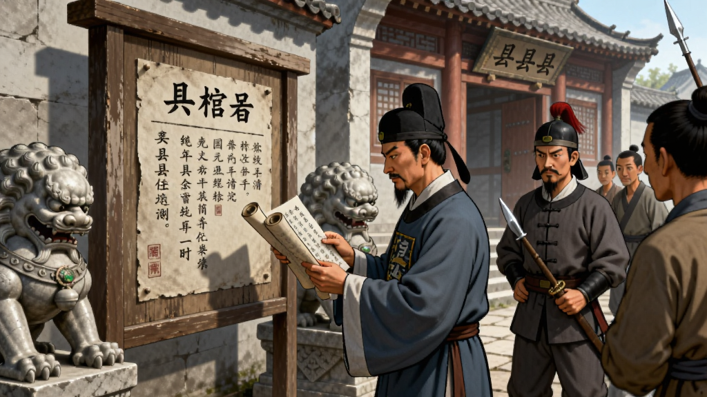 画面展示一位古代掌柜站在告示牌前阅读任务文书,旁边有衙役和百姓,背景是县衙门口,布局采用前后景深构图,风格为中国风写实插画,细节包括告示、官服、石狮子等,画质清晰干净,无多余元素