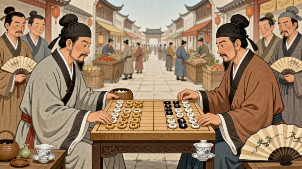 画面展示两位古代商人坐在棋盘两侧对弈,棋盘上摆放着代表商铺的棋子,周围有围观群众,背景是繁华街市,布局采用对称构图,风格为中国风工笔插画,细节包括棋盘、茶盏、折扇等,画质清晰干净,无多余元素
