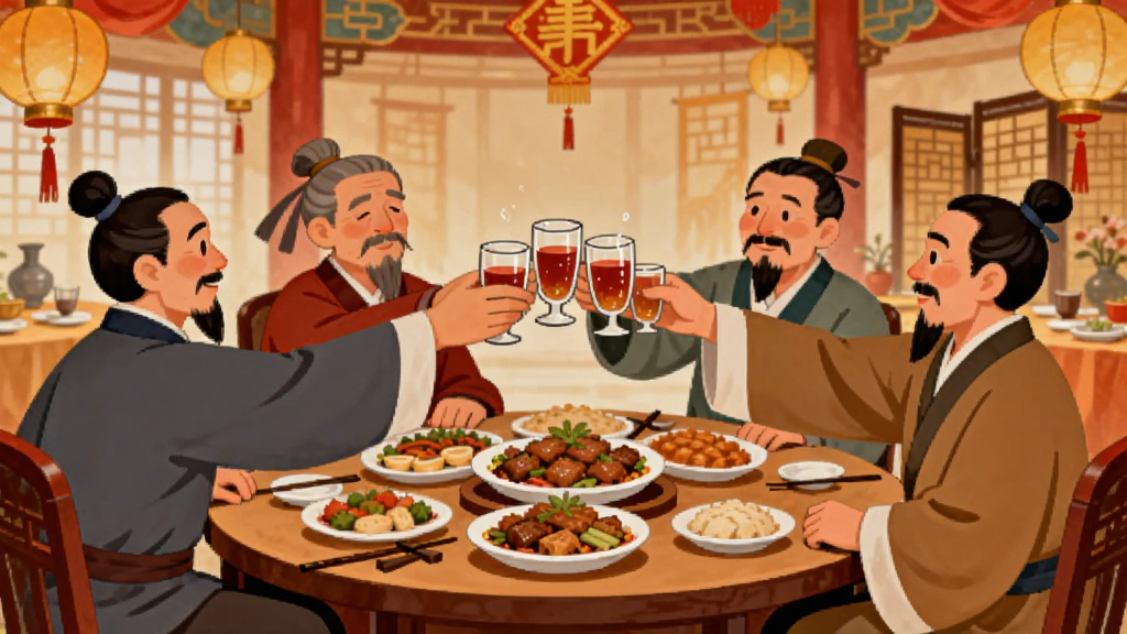 画面中几位古代掌柜围坐在一张圆桌旁举杯畅饮,桌上摆满佳肴,背景是装饰华丽的宴会厅,布局采用圆形构图,风格为中国风喜庆插画,细节包括酒杯、灯笼、屏风等,画质清晰干净,无多余元素