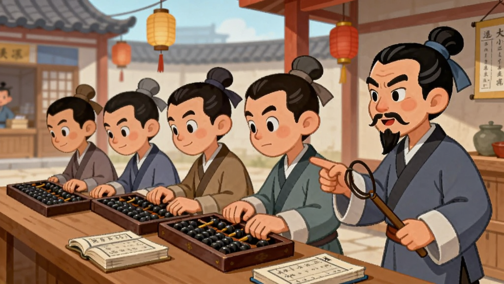 画面中一位古代掌柜正在训练几位伙计打算盘,伙计们站成一排认真练习,掌柜手持戒尺指点,背景是商铺后院,布局采用横向排列,风格为卡通中国风,细节包括算盘、账本、灯笼等,画质清晰干净,无多余元素