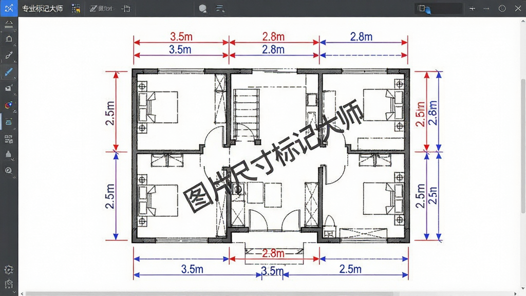 一张展示图片尺寸标记大师标注功能的示意图,画面主体为一张建筑平面图,图上有多条红色和蓝色的尺寸标注线,标注线两端有箭头,中间显示数字“3.5m”“2.8m”,标注线旁边有“图片尺寸标记大师”文字水印,布局清晰,风格为专业设计工具界面,画质干净,无多余元素